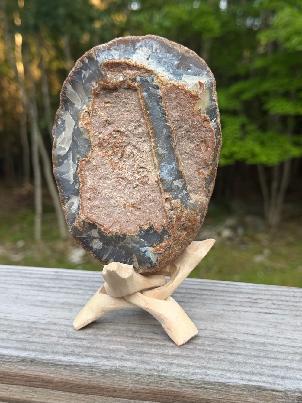 Large Agate Geode on Wooden Tripod Stand